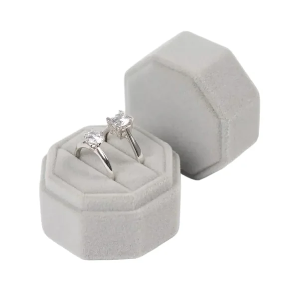 Gray Hexagonal Velvet Ring Box — Double-Slot for Engagement Rings