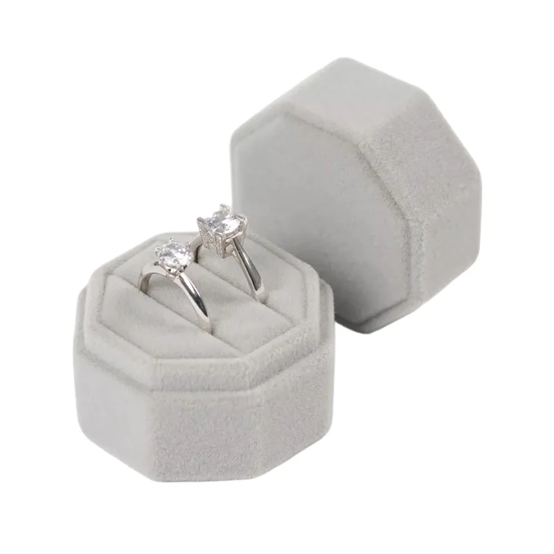 Gray Hexagonal Velvet Ring Box — Double-Slot for Engagement Rings