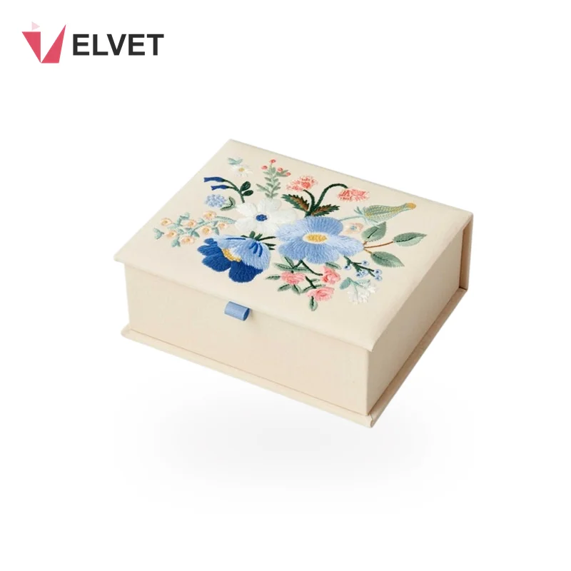 Hand-Embroidered Floral Linen Jewelry Keepsake Box with Custom Logo