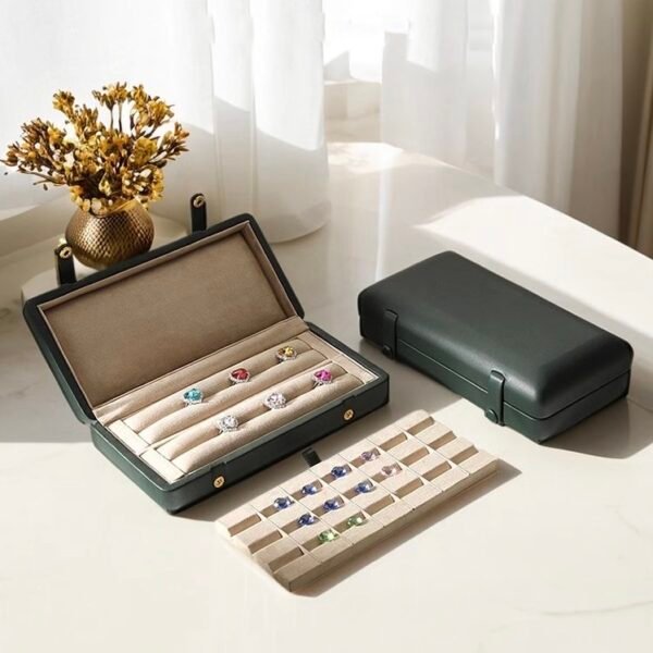 Forest Green Leather Travel Ring & Loose Gem Case — Dual Insert