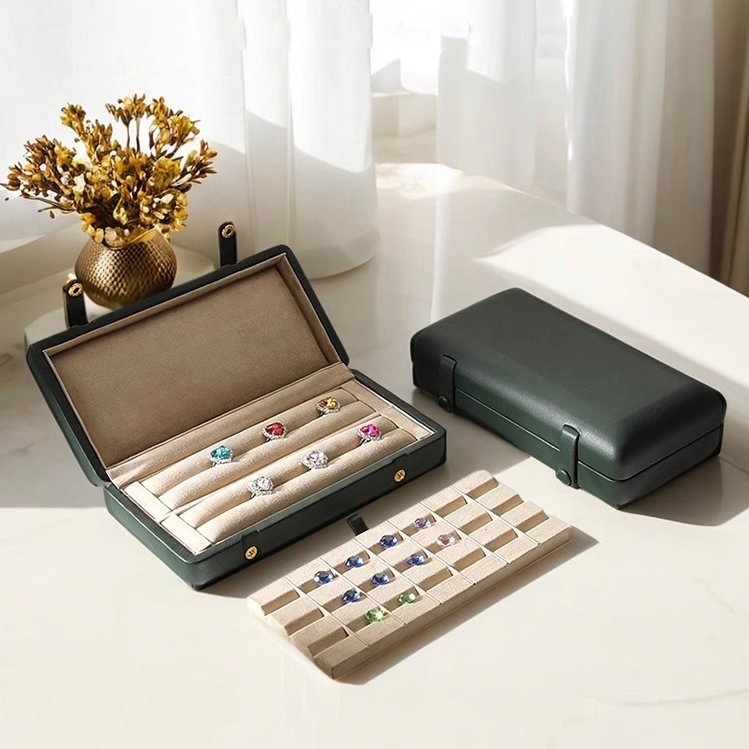 Forest Green Leather Travel Ring & Loose Gem Case — Dual Insert