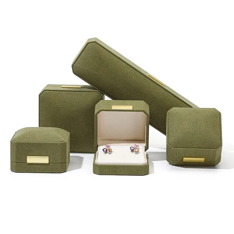 Octagonal chamfered microfiber suede jewelry box set in olive green — five sizes shown together