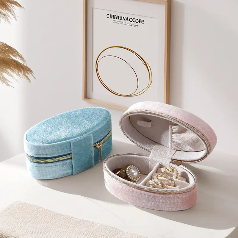 Oval velvet travel jewelry box dimensions 10.8 × 5.8 × 4.6 cm, approx 60g, with ring slots and earring pearl compartments