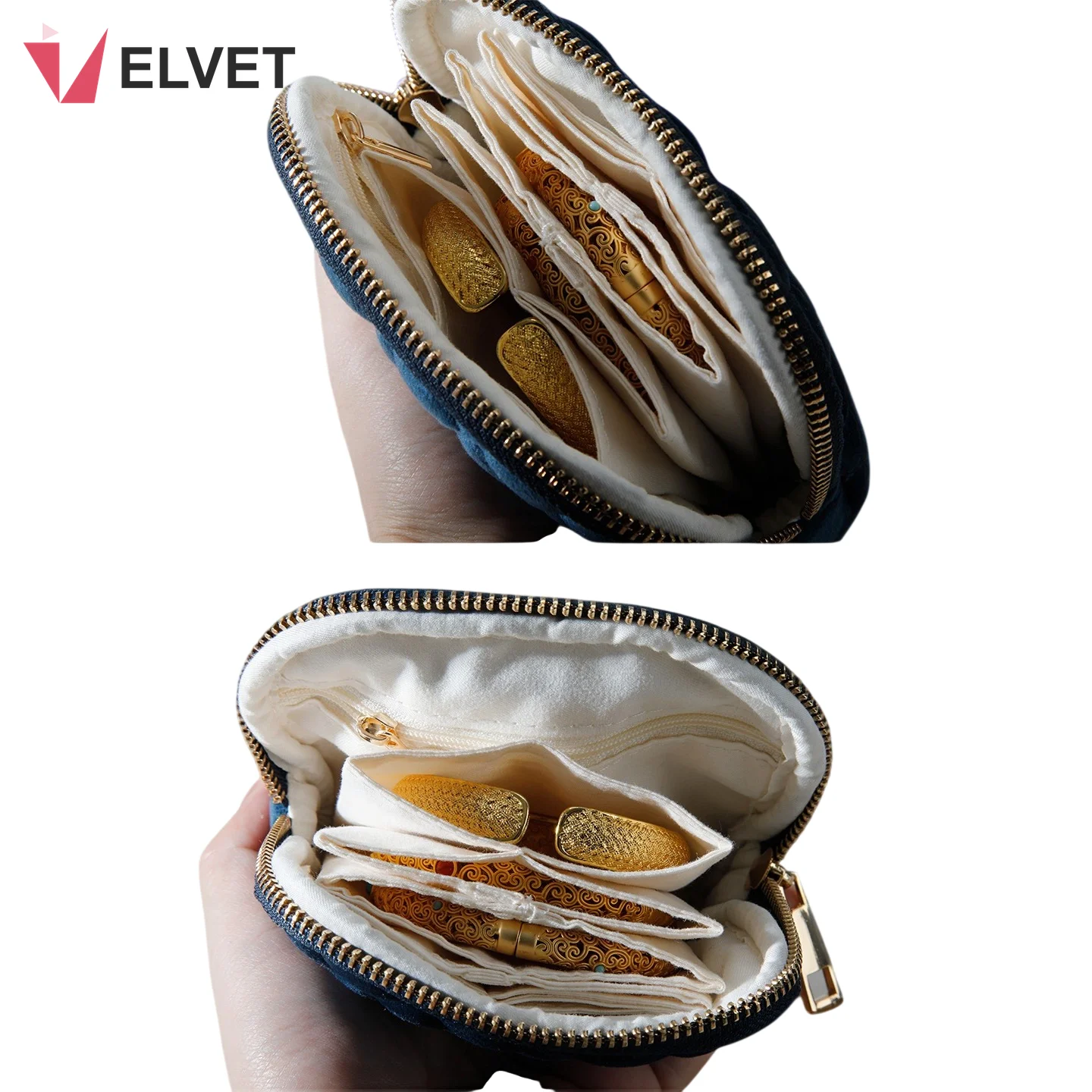 Navy quilted velvet jewelry pouch held open from two angles, showing the cream-lined 3-fold interior with flat zip pouches, card slots and small gold jewelry