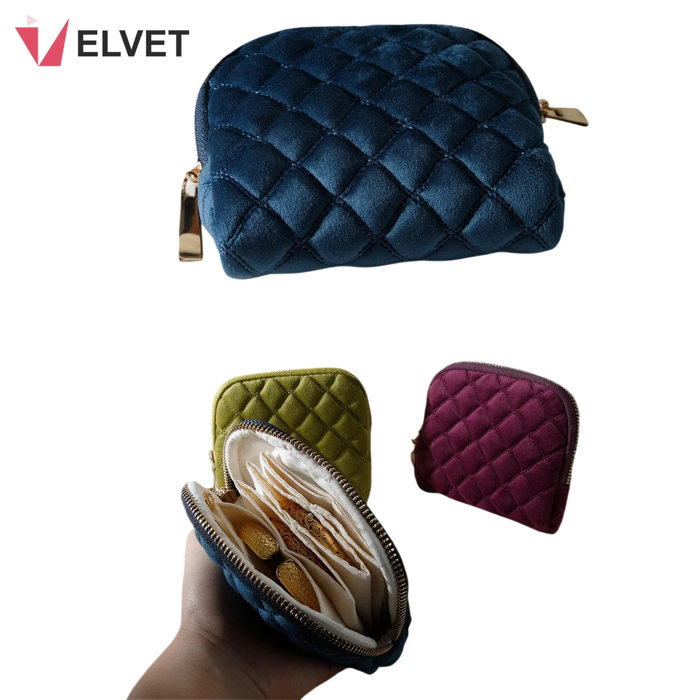 Navy quilted velvet jewelry travel pouch closed beside an olive green pouch held open to reveal its fold-out organizer, with a wine red pouch alongside
