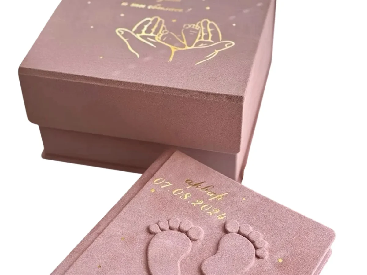 Velvet Baby Keepsake Memory Box with Newborn Album and Custom Foil