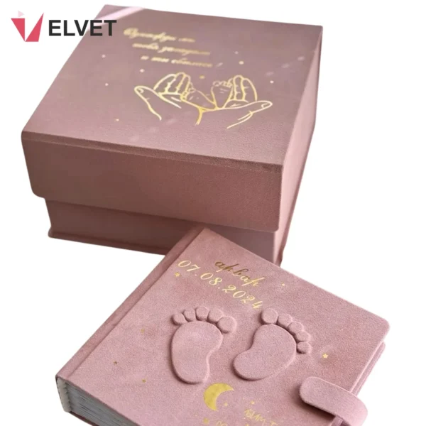 Velvet Baby Keepsake Memory Box with Newborn Album and Custom Foil