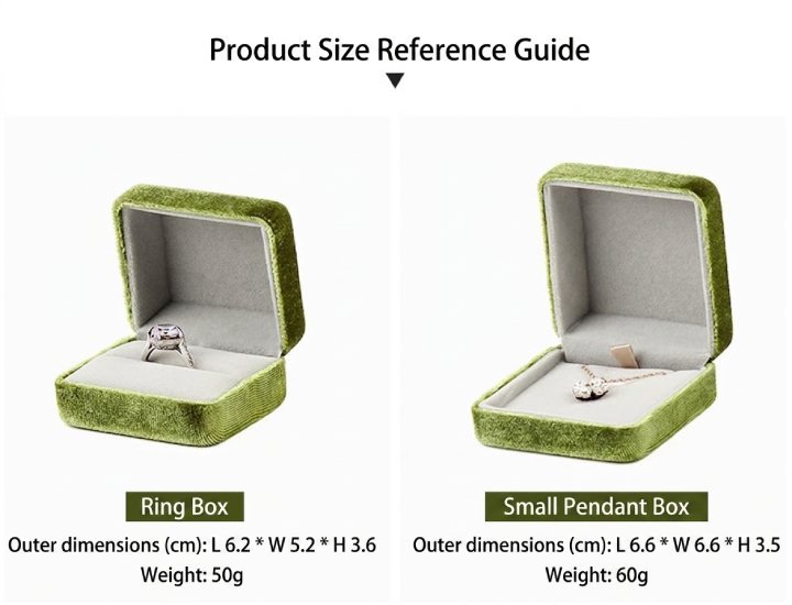 Corduroy jewelry box size guide - ring box 6.2x5.2x3.6 cm and small pendant box 6.6x6.6x3.5 cm, with weights