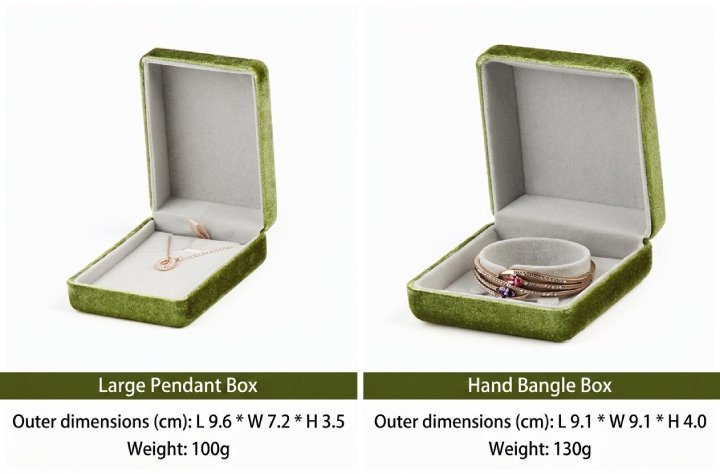 Corduroy jewelry box size guide - large pendant box 9.6x7.2x3.5 cm and hand bangle box 9.1x9.1x4.0 cm, with weights