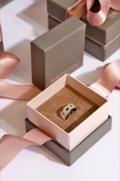custom jewelry packaging — grey two-piece lid-off gift box holding a ring, with pink satin ribbon
