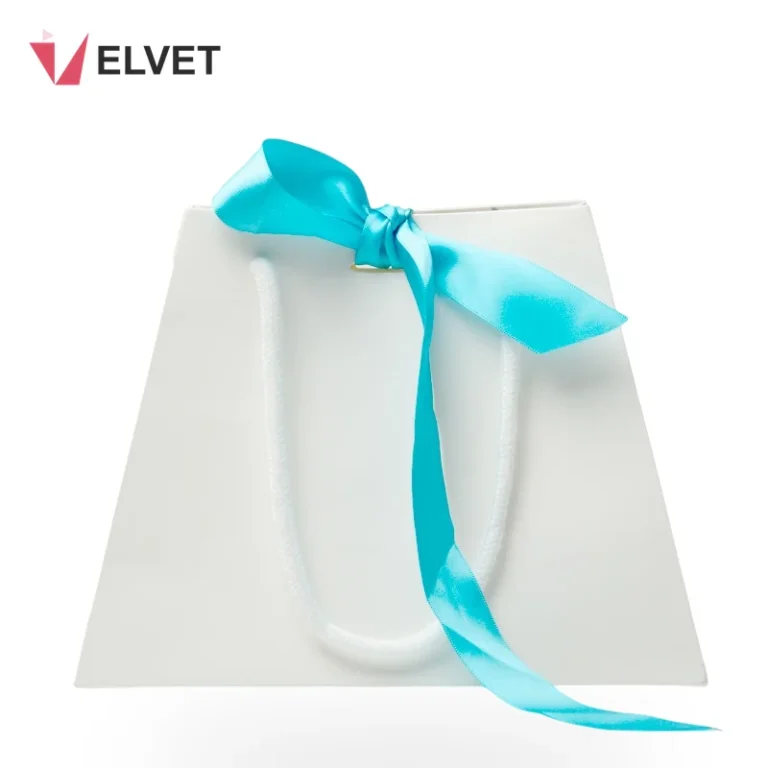 Custom Logo White Paper Shopping Bags With Blue Ribbon
