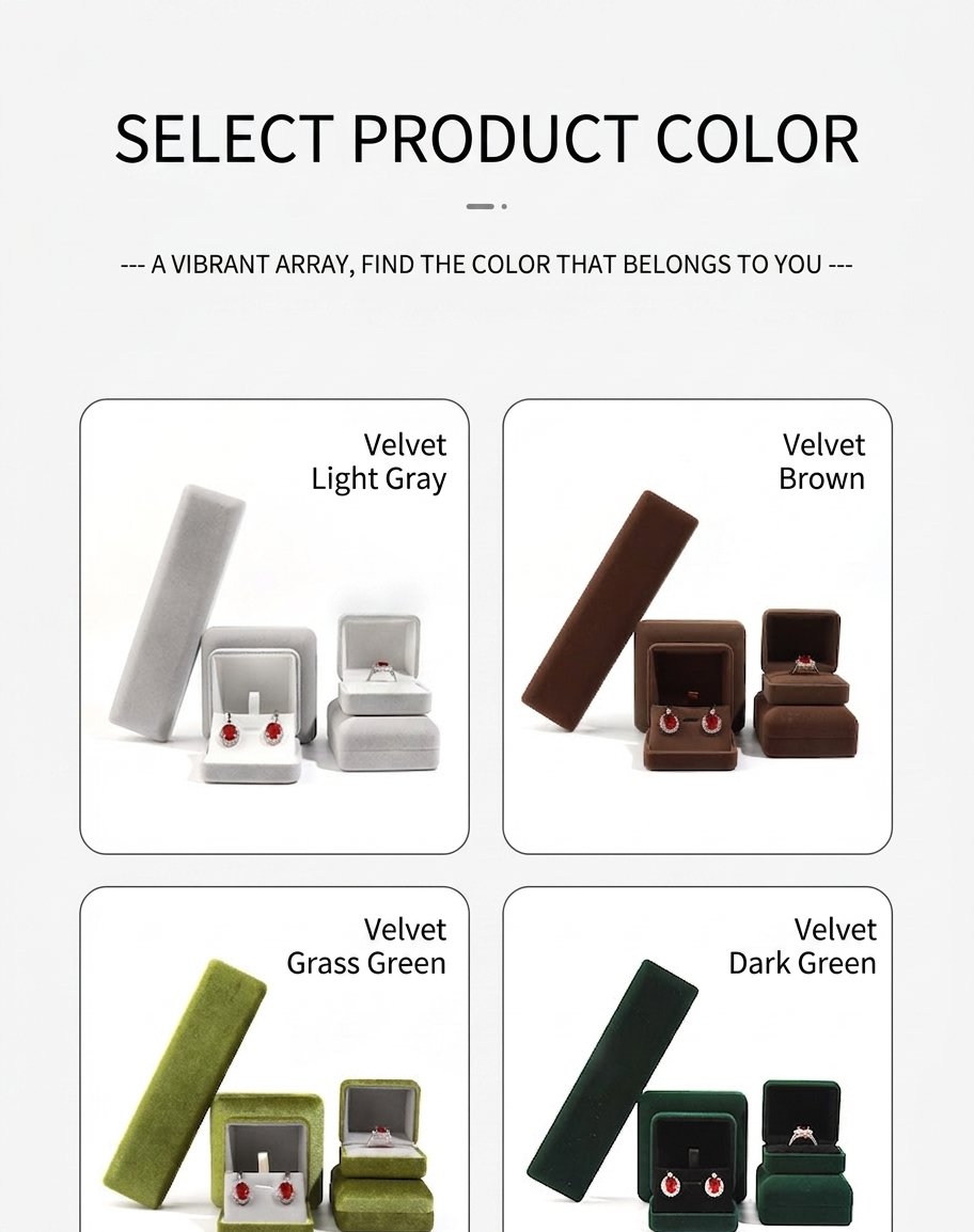 Velvet jewelry box color options - available in Light Gray, Brown, Grass Green and Dark Green velvet