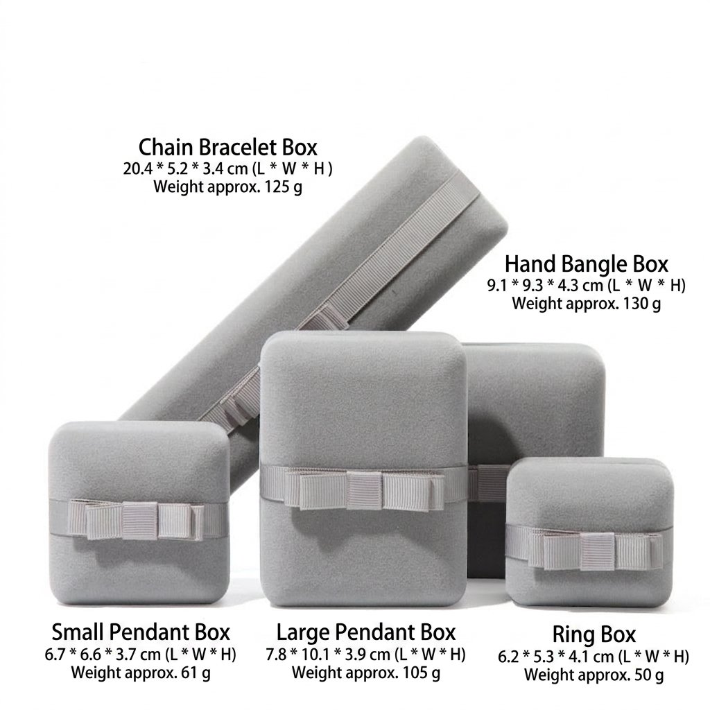 Velvet jewelry box size guide - ring box 6.2x5.3x4.1 cm, small and large pendant boxes, hand bangle box and chain bracelet box, with dimensions