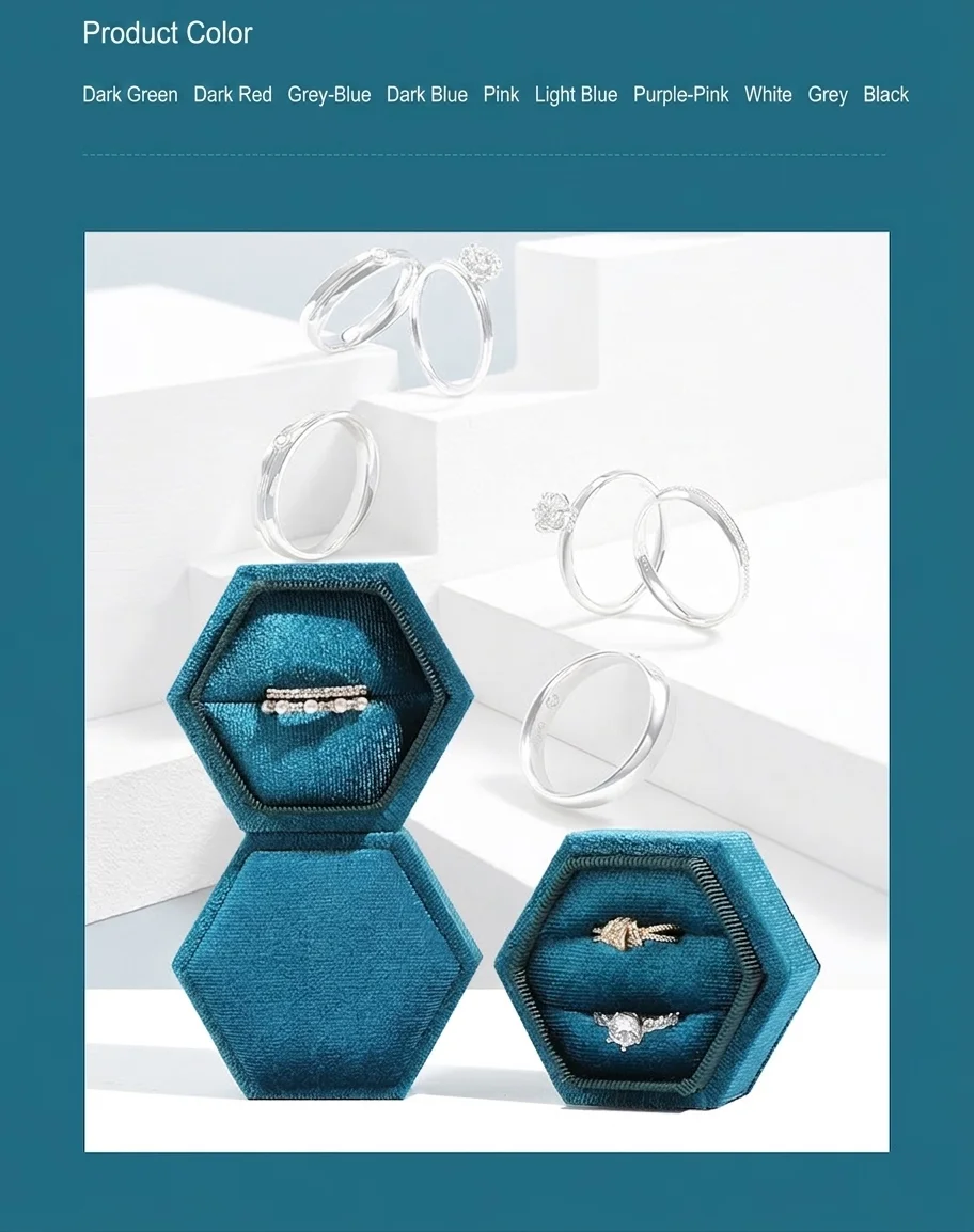 Hexagonal Korean velvet box color options - dark green, dark red, grey-blue, dark blue, pink, light blue, purple-pink, white, grey and black