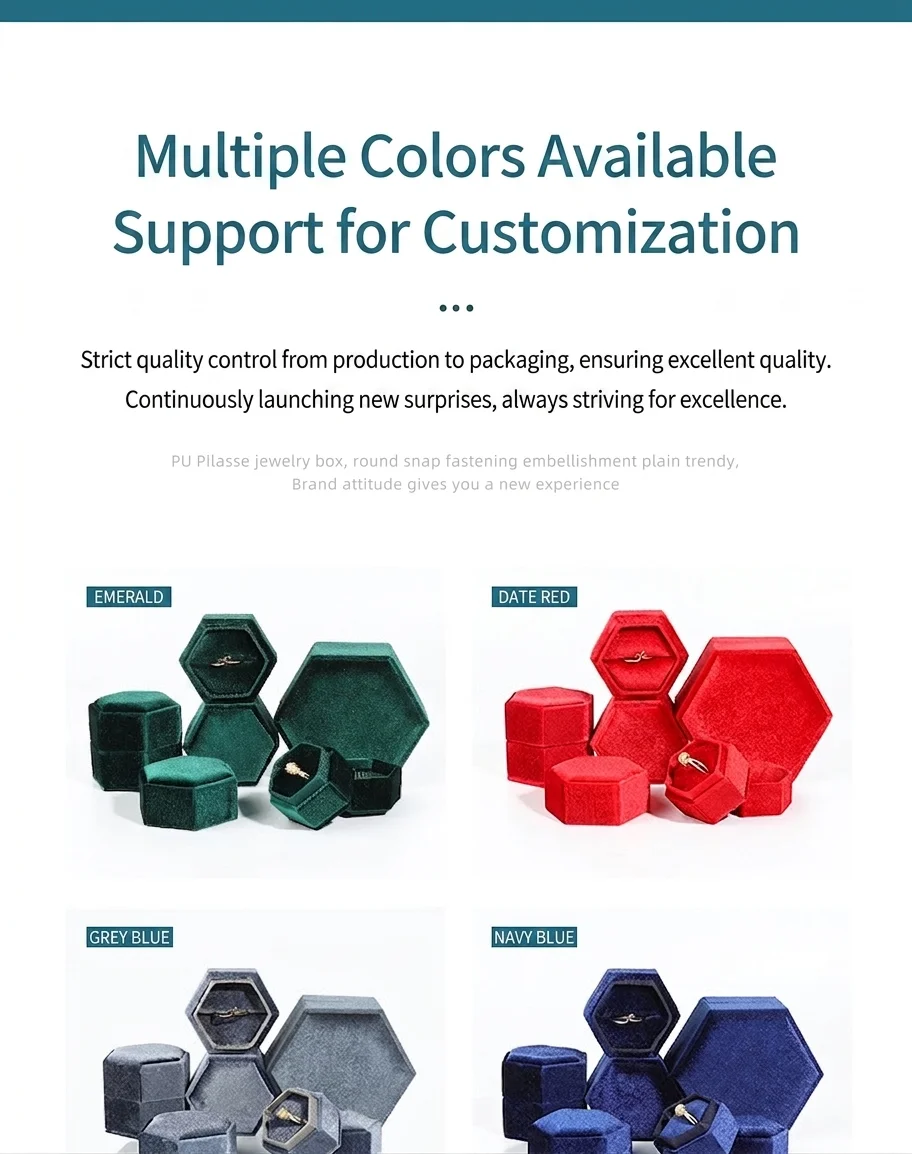 Hexagonal Korean velvet box - multiple colors available and customizable, shown in emerald, date red, grey blue and navy blue