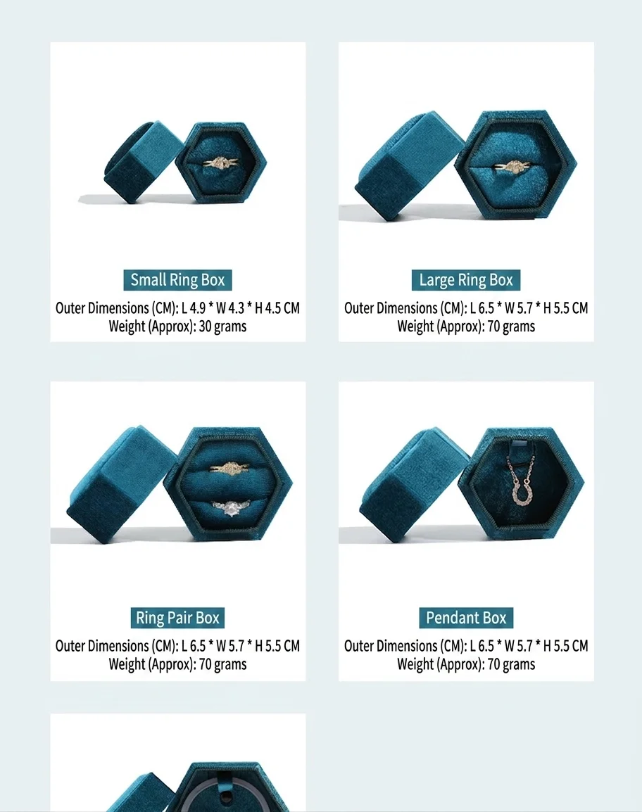 Hexagonal Korean velvet box size guide - small ring box 4.9x4.3x4.5 cm, large ring box, ring pair box and pendant box 6.5x5.7x5.5 cm