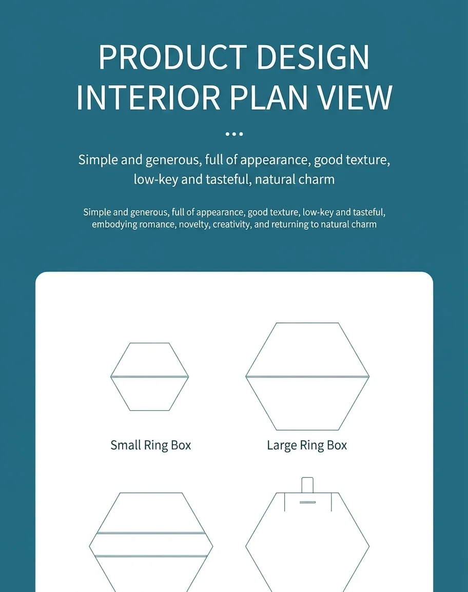 Hexagonal Korean velvet box interior plan view - small ring, large ring, ring pair and pendant box layouts