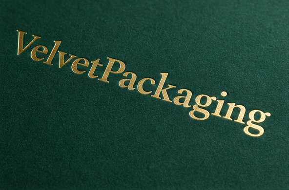 Gold foil stamped logo on green velvet jewelry packaging