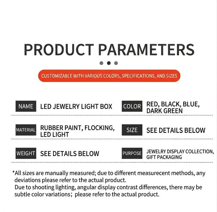 Red LED light jewelry box open showing illuminated interior with velvet lining and activated LED spotlight above the jewelry compartment