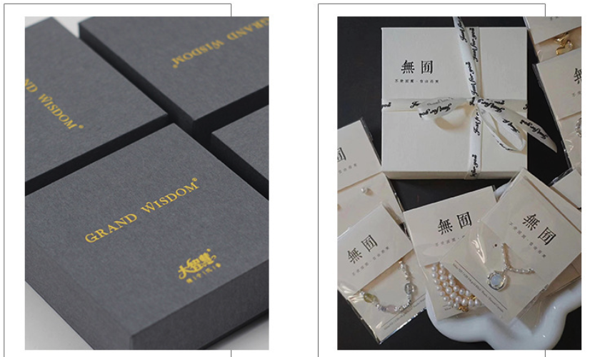 low moq jewelry boxes — grey card boxes with a gold foil logo only and minimal finishing