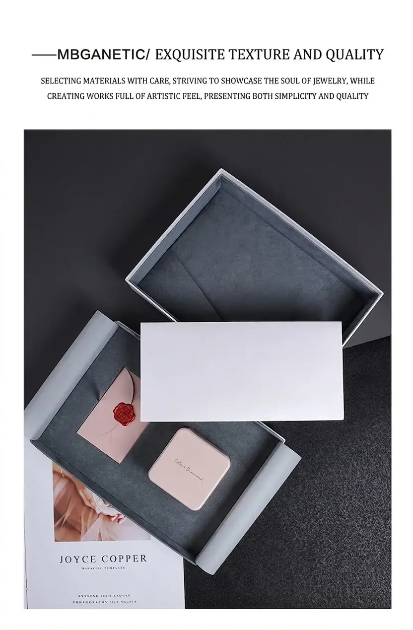Magnetic proposal ring gift set - white box with a grey microfiber tray holding a blush-pink ring box and a wax-sealed envelope