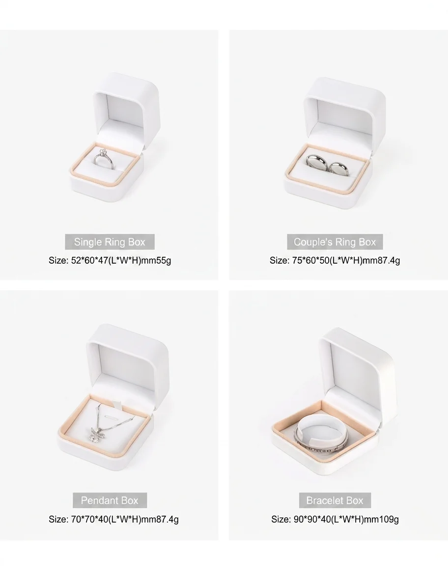 Rounded PU leather jewelry box size guide - single ring box 5.2x6x4.7 cm, couple's ring box 7.5x6x5 cm, pendant box 7x7x4 cm, bracelet box 9x9x4 cm
