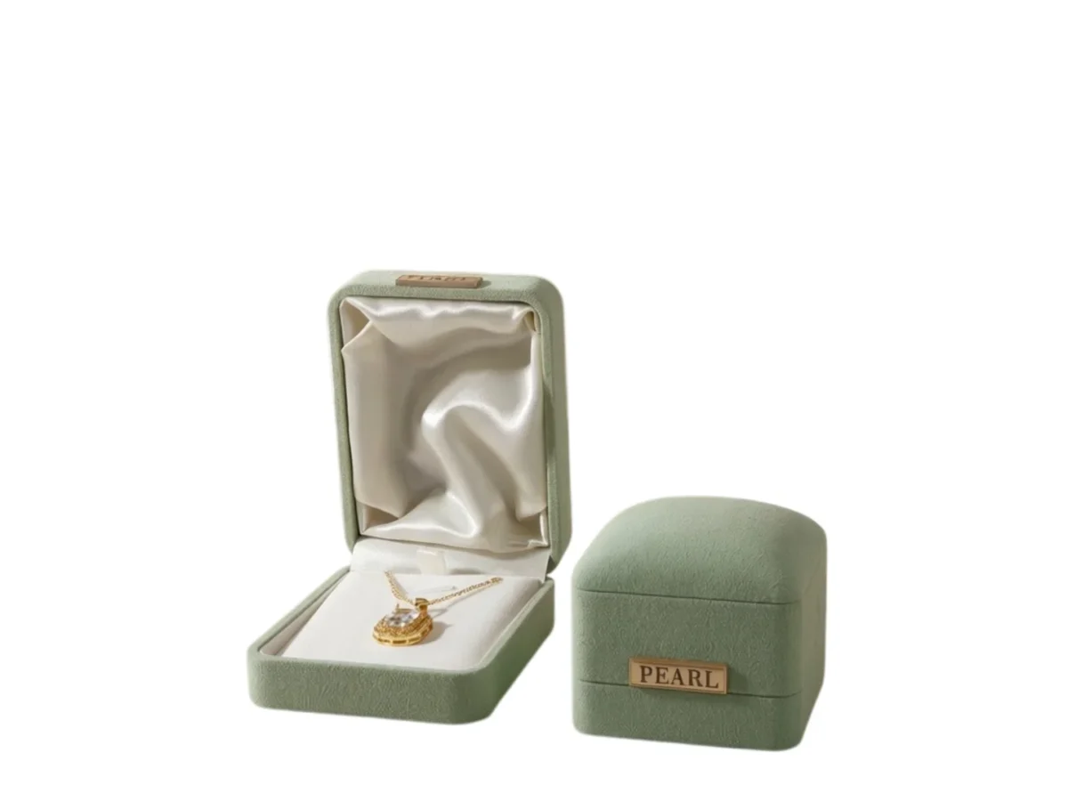Sage Green Velvet Jewelry Box Set with Satin Lining and Custom Gold Name Plaque