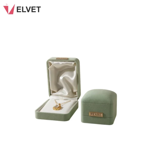 Sage Green Velvet Jewelry Box Set with Satin Lining and Custom Gold Name Plaque