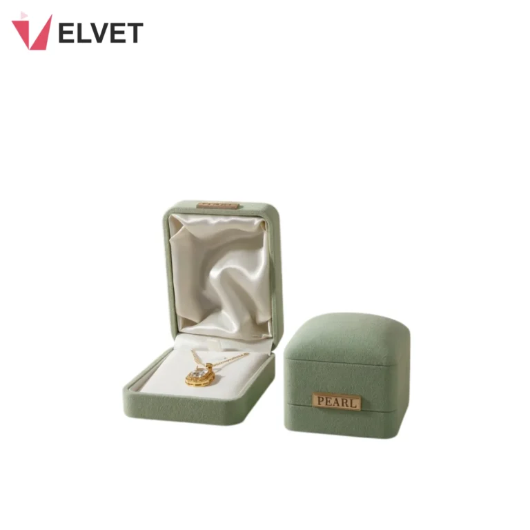 Sage Green Velvet Jewelry Box Set with Satin Lining and Custom Gold Name Plaque
