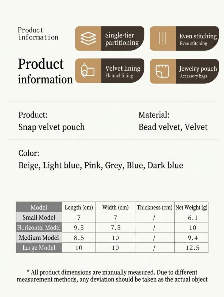 Snap velvet jewelry pouch product information - single-tier partitioning, even stitching, velvet flannel lining, in beige, light blue, pink, grey, blue and dark blue