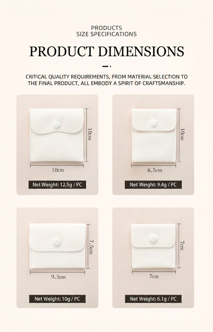 Snap velvet jewelry pouch dimensions - four sizes: 10x10 cm, 8.5x10 cm, 9.5x7.5 cm and 7x7 cm, with net weights