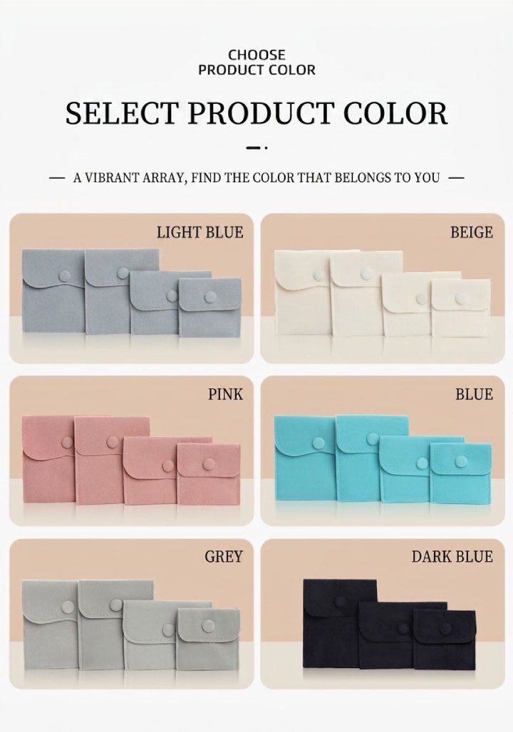 Snap velvet jewelry pouch color options - Light Blue, Beige, Pink, Blue, Grey and Dark Blue, each shown in four sizes
