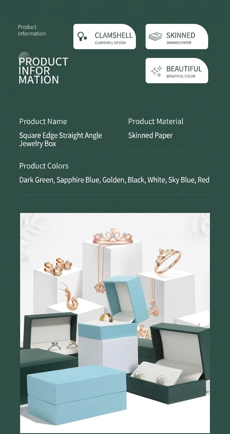 Square-edge straight-angle jewelry box product information - clamshell design, leatherette (skinned) paper, in dark green, sapphire blue, golden, black, white, sky blue and red