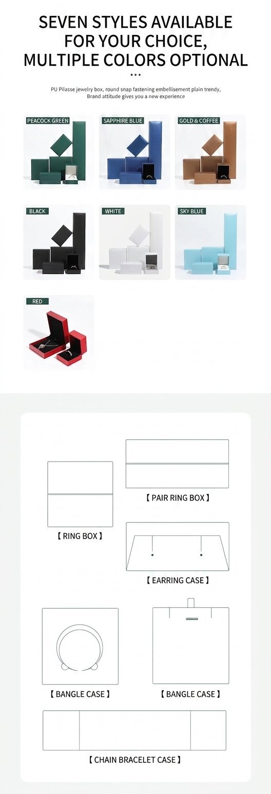 Square-edge jewelry box - seven colors optional (peacock green, sapphire blue, gold, black, white, sky blue, red) and box types: ring, pair-ring, earring, bangle and chain-bracelet cases