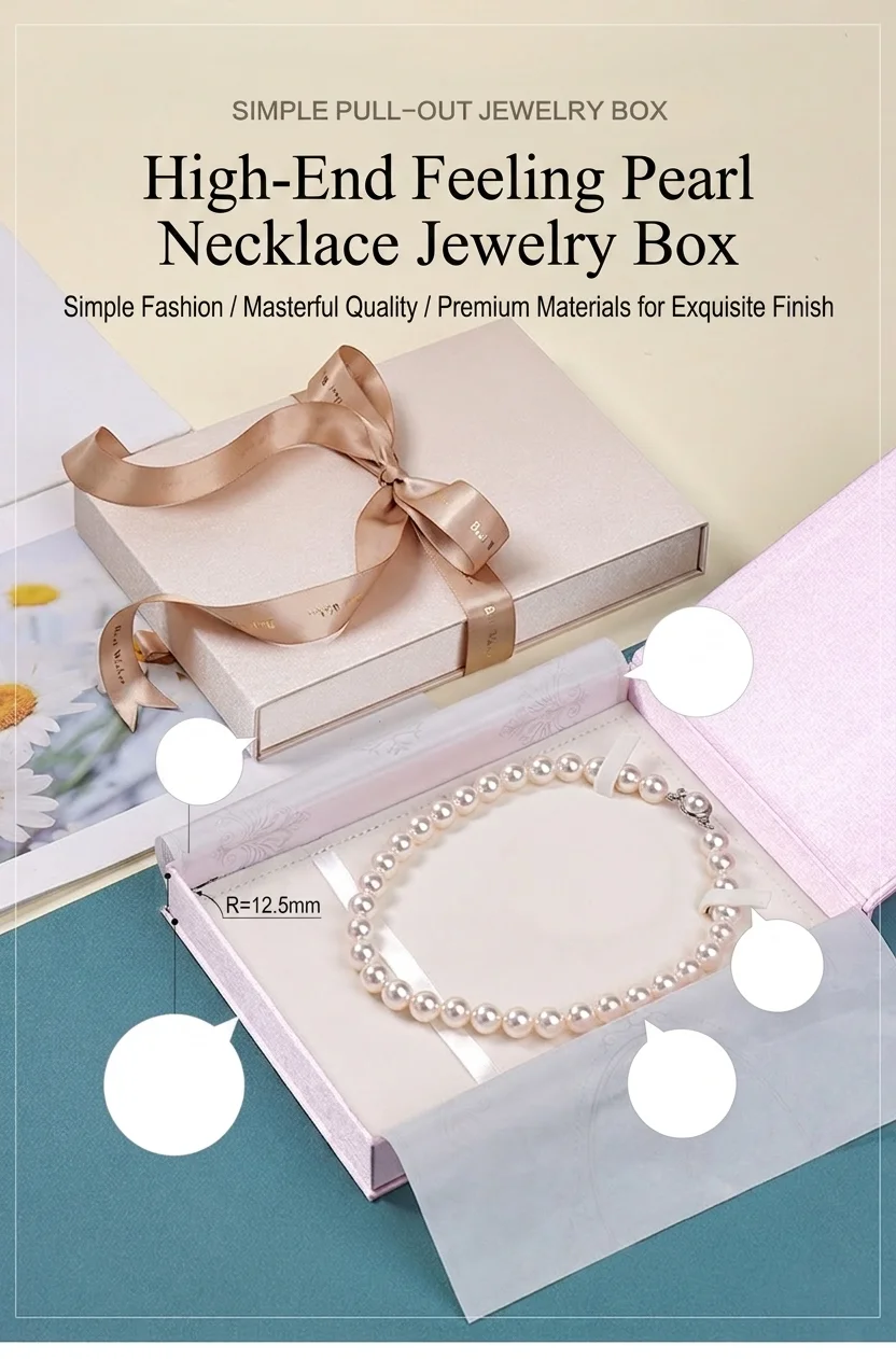 High-end Thai-silk pearl necklace jewelry box open beside a ribbon-tied gift box, with a pearl necklace in the recess
