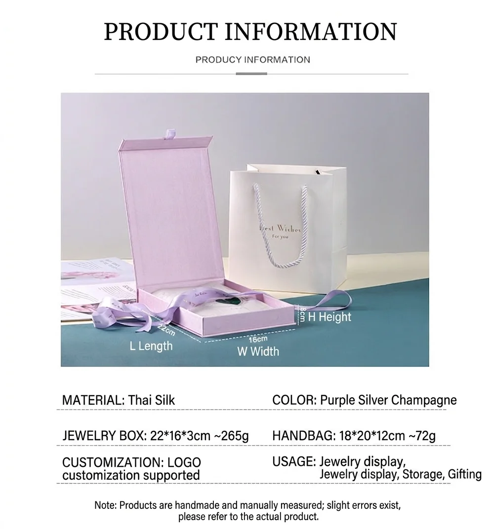 Thai-silk pearl necklace box specifications - material Thai silk, colors purple, silver and champagne, box 22x16x3 cm and gift bag 18x20x12 cm