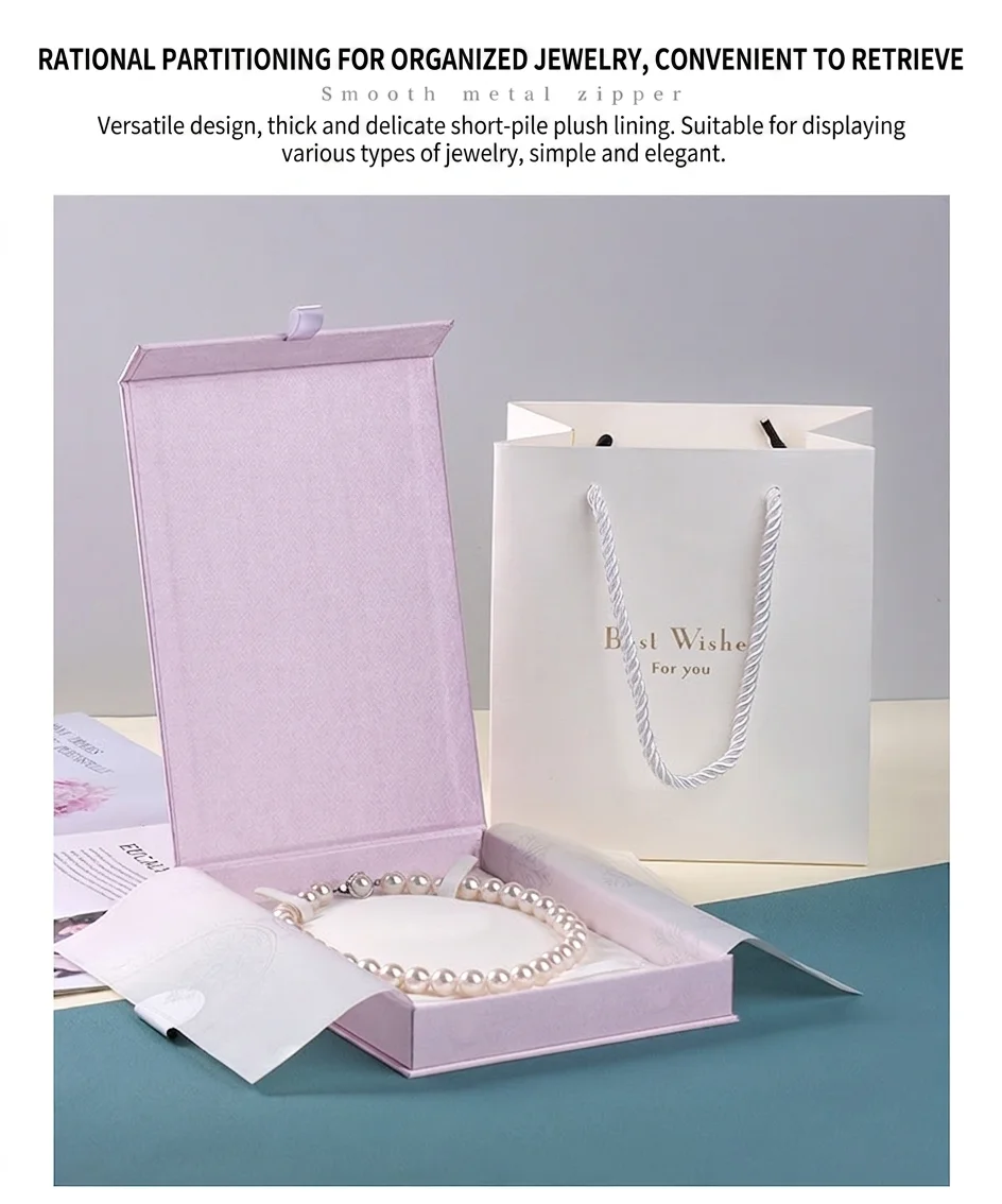 Thai-silk pearl necklace box with a short-pile plush lining, shown open with a pearl necklace beside a Best Wishes handle gift bag