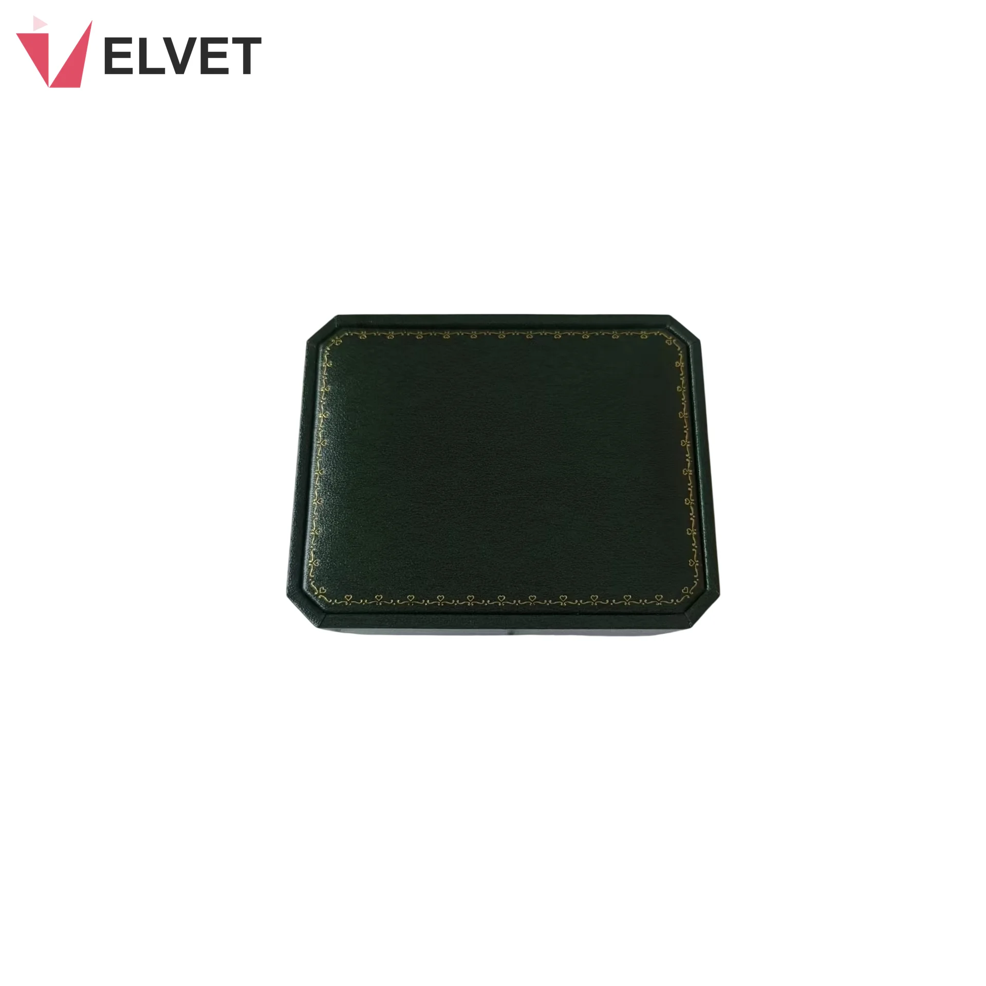 Top view of a closed green vintage PU leather jewelry box, showing the gold foil tooled border framing the chamfered octagonal lid