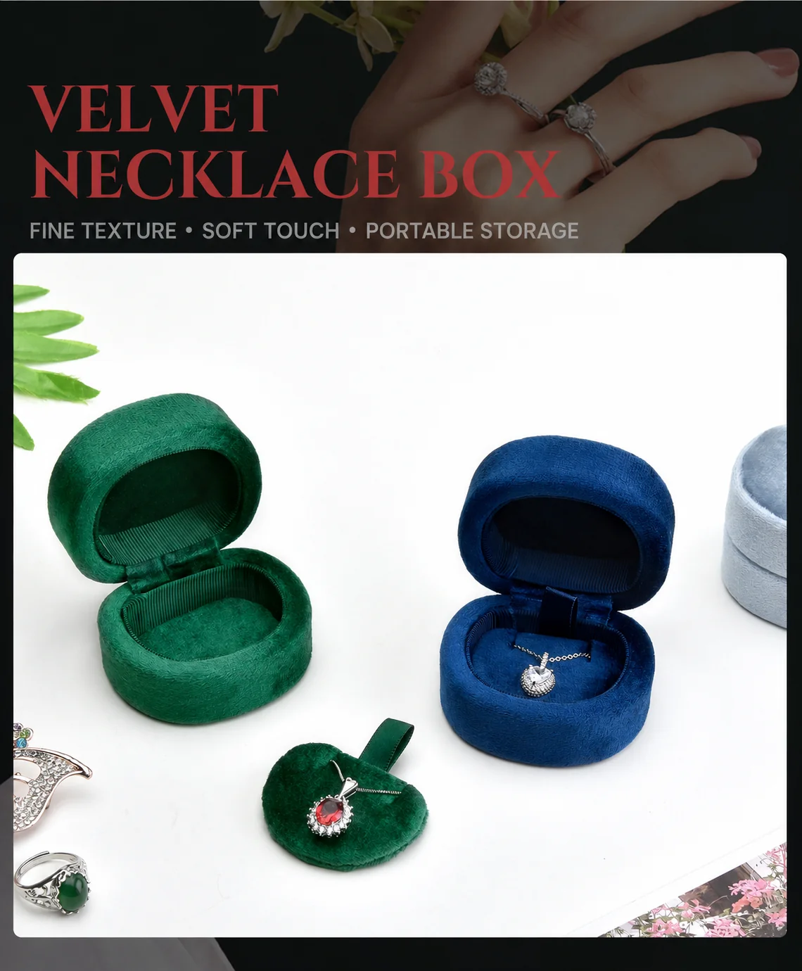 Velvet necklace box collection in emerald green, navy blue and pale blue with pendant jewelry