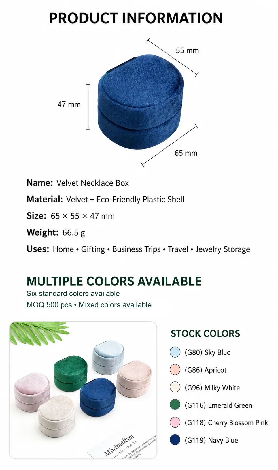 Velvet necklace box specification guide showing 65 by 55 by 47 millimeters, 66.5 grams and six standard colors