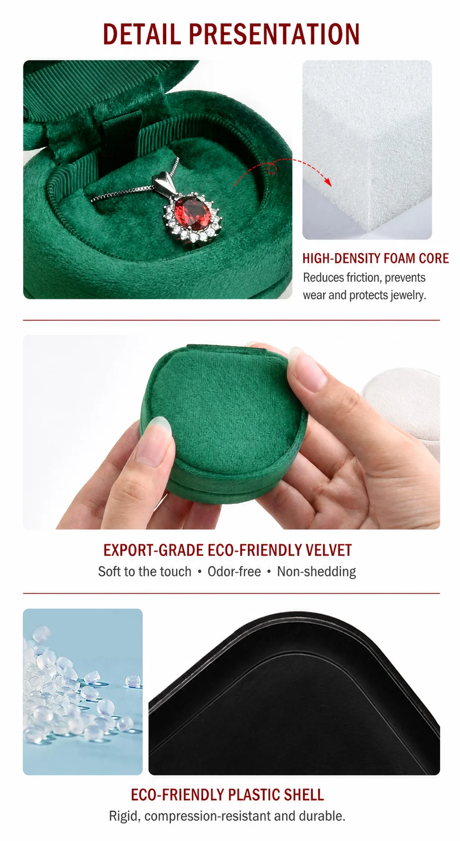 Velvet necklace box construction details showing the high-density foam insert, soft velvet surface and rigid eco-friendly plastic shell