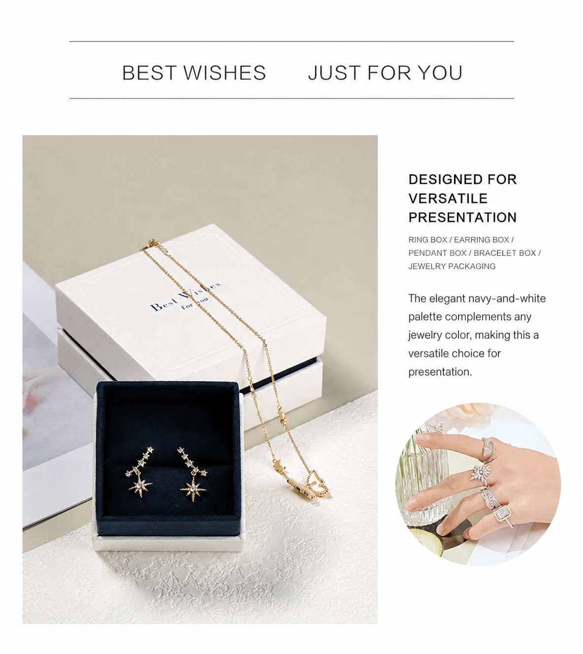 White and navy specialty-paper earring box with necklace and jewelry styling, illustrating versatile presentation