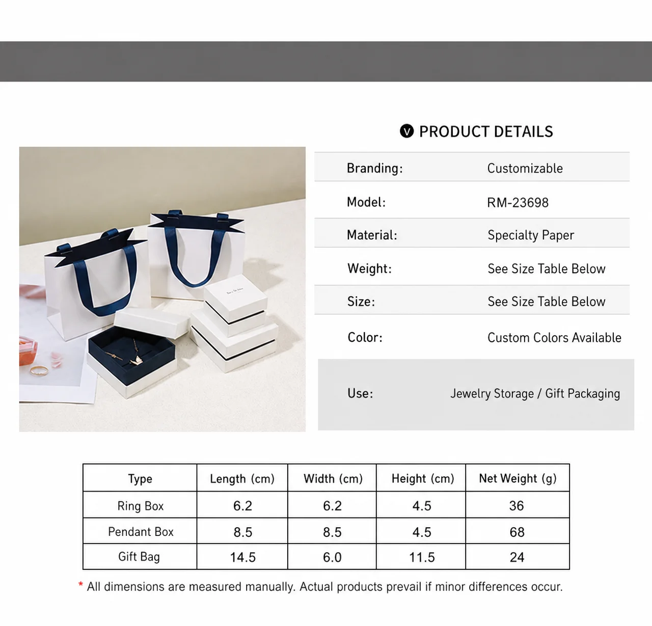 RM-23698 specialty-paper jewelry box specification chart with ring box, pendant box and matching gift bag dimensions and weights