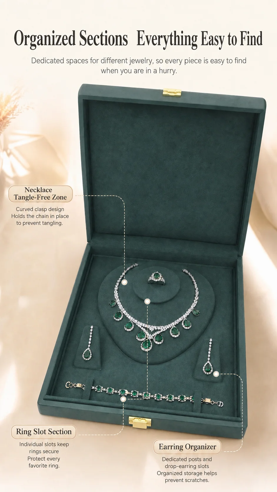 English product detail image showing the jewelry box necklace tangle-free zone, ring slots and earring organizer
