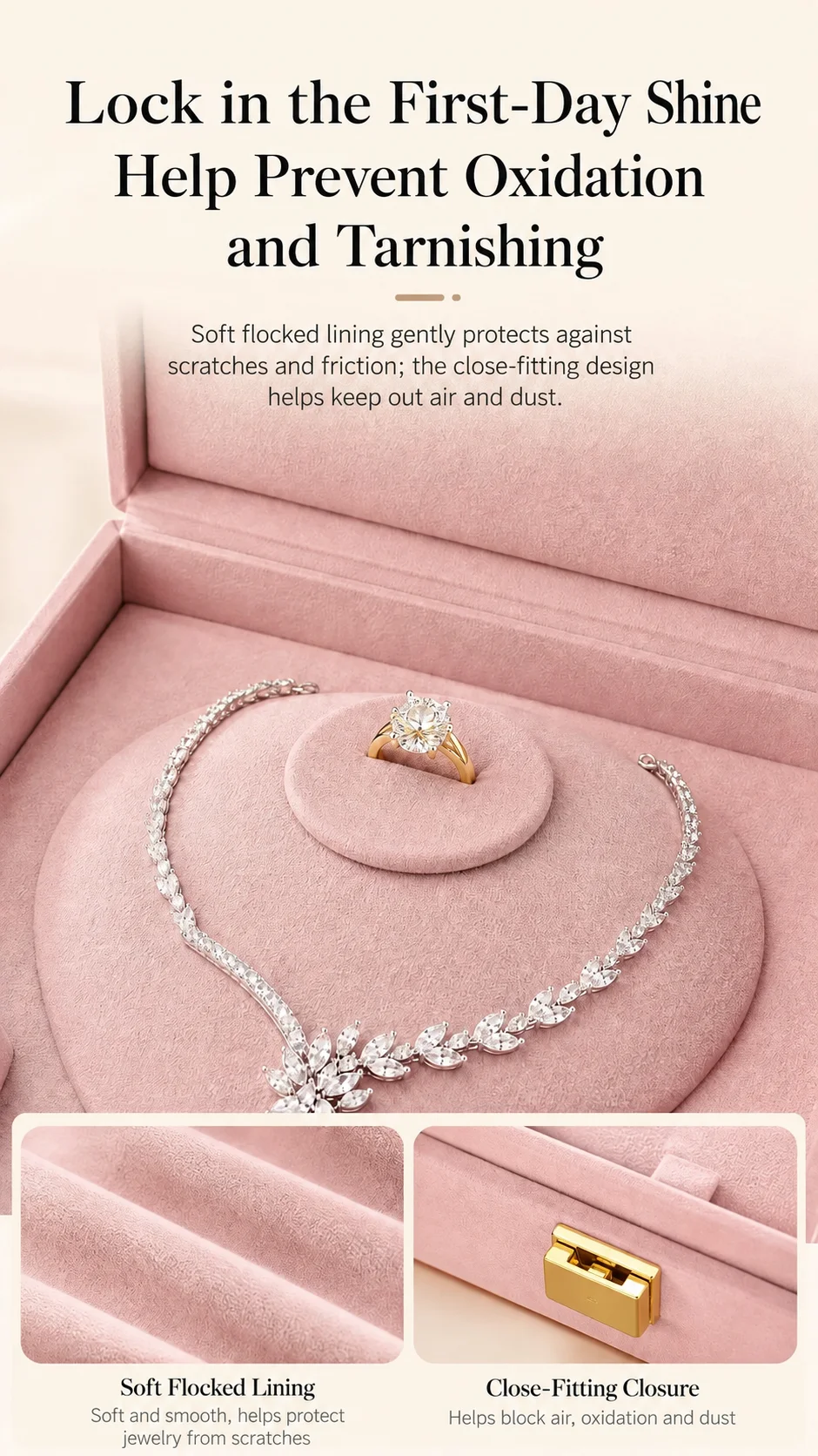 English product detail image showing the soft flocked lining and close-fitting jewelry box closure that helps protect jewelry