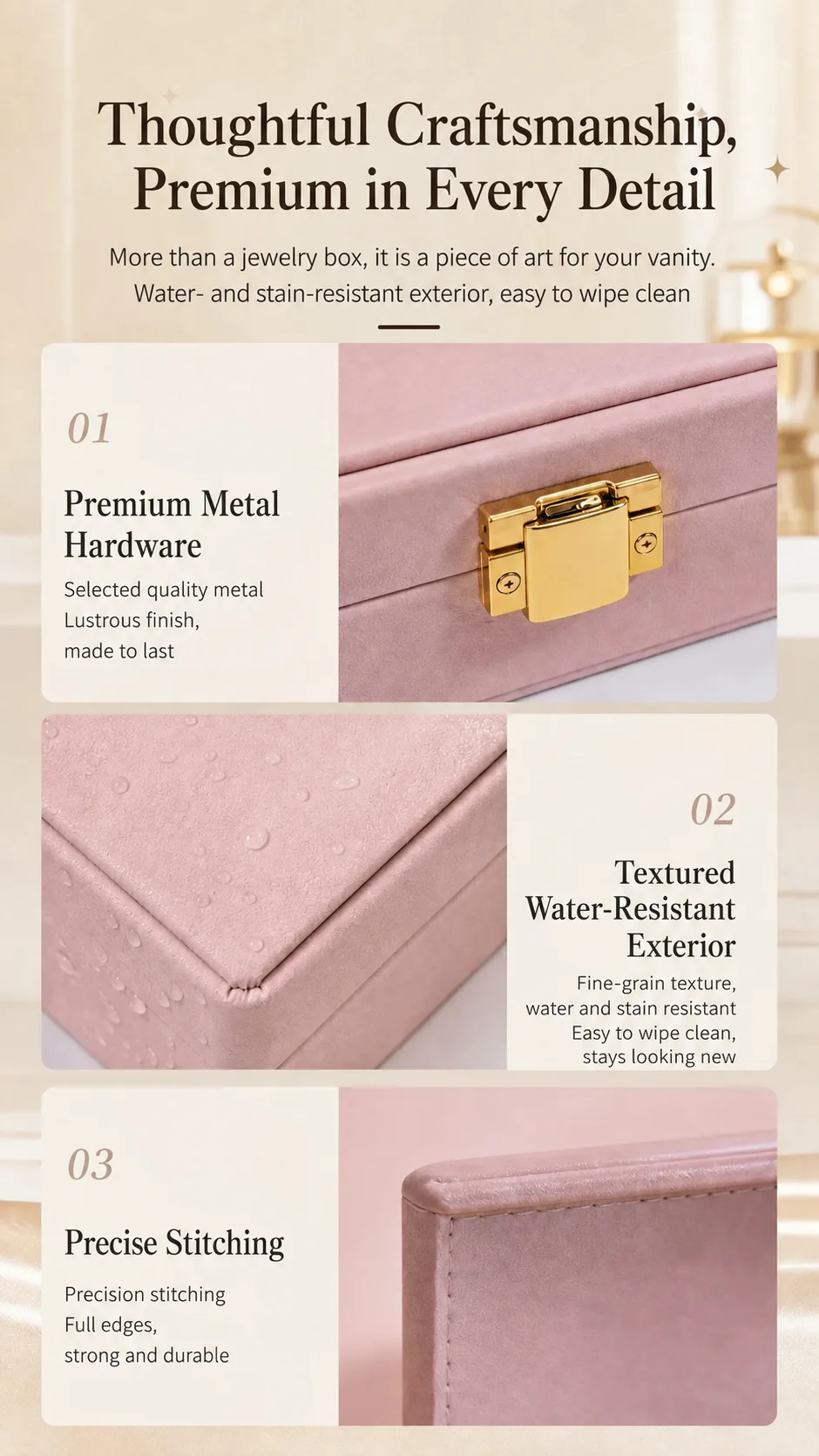 English product detail image showing premium metal hardware, water-resistant microfiber exterior and precise stitching